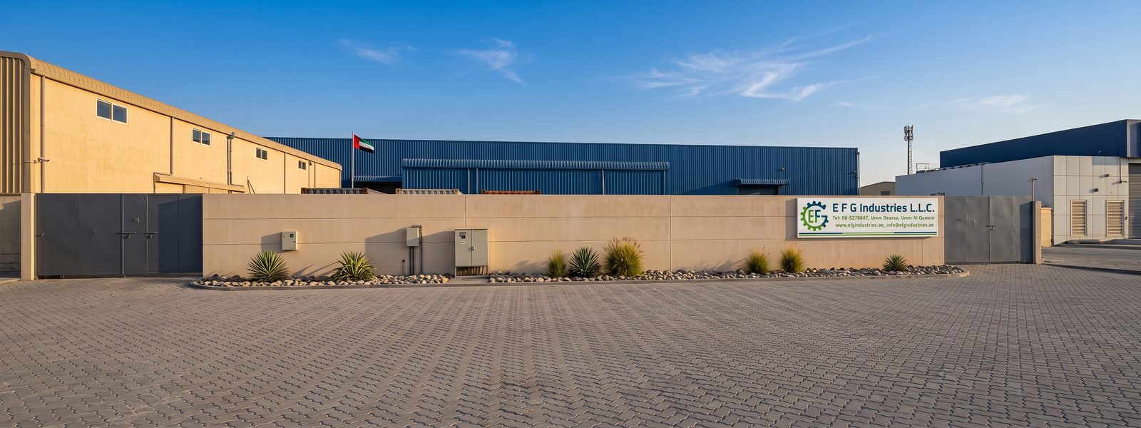 EFG Industries L.L.C. factory exterior in Umm Al Quwain, UAE, with the company signboard on the boundary wall