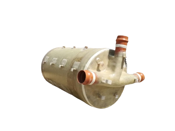 Horizontal GRP fiberglass liner vessel with pipe connections